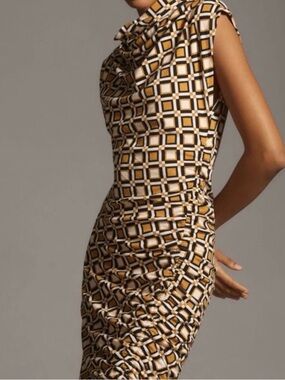 NWOT Anthropologie Geometric Midi Dress in Mustard, Black, and White